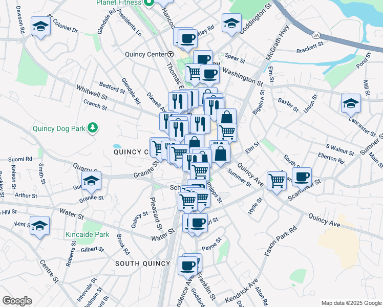 map of restaurants, bars, coffee shops, grocery stores, and more near 2002 Walter J. Hannon Parkway in Quincy