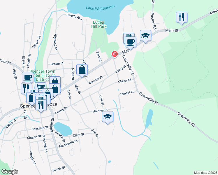map of restaurants, bars, coffee shops, grocery stores, and more near 82 Cherry Street in Spencer