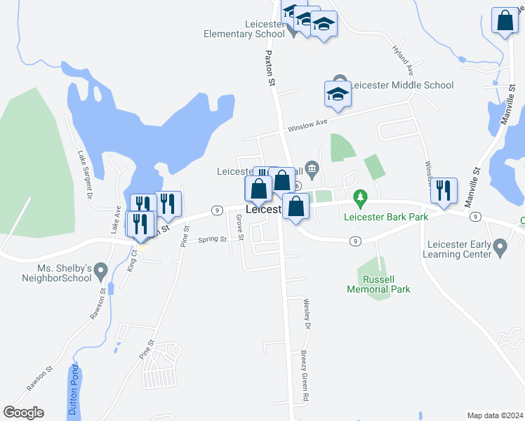 map of restaurants, bars, coffee shops, grocery stores, and more near 1077 Main Street in Leicester