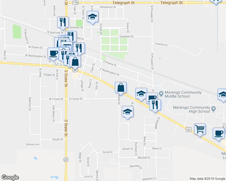 map of restaurants, bars, coffee shops, grocery stores, and more near 565 East Grant Highway in Marengo