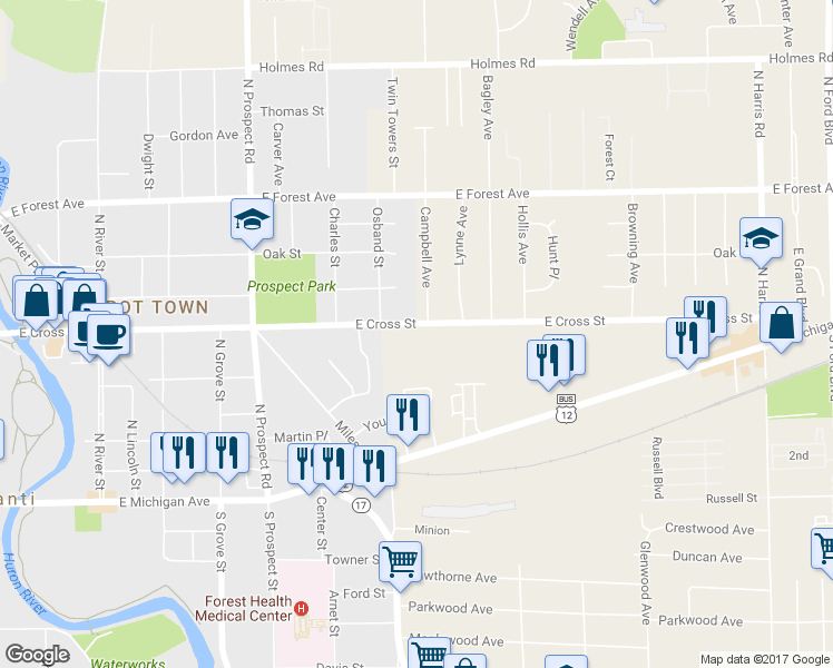 map of restaurants, bars, coffee shops, grocery stores, and more near 840 East Cross Street in Ypsilanti