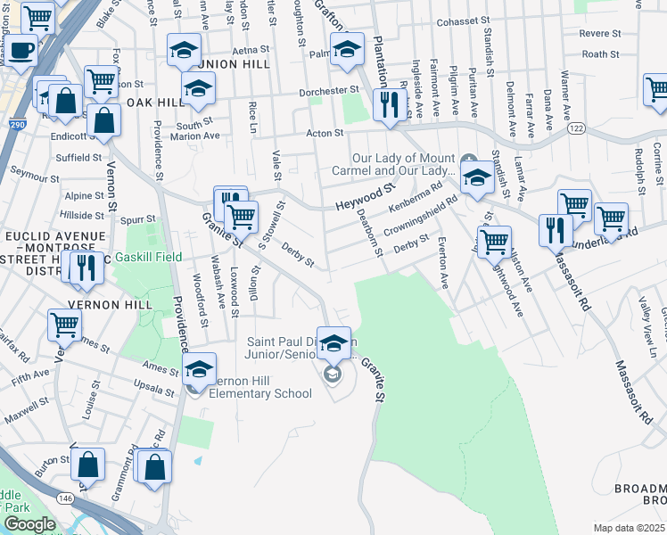 map of restaurants, bars, coffee shops, grocery stores, and more near 61 Derby Street in Worcester