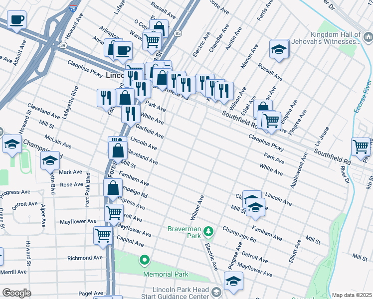 map of restaurants, bars, coffee shops, grocery stores, and more near 1015 Garfield Avenue in Lincoln Park
