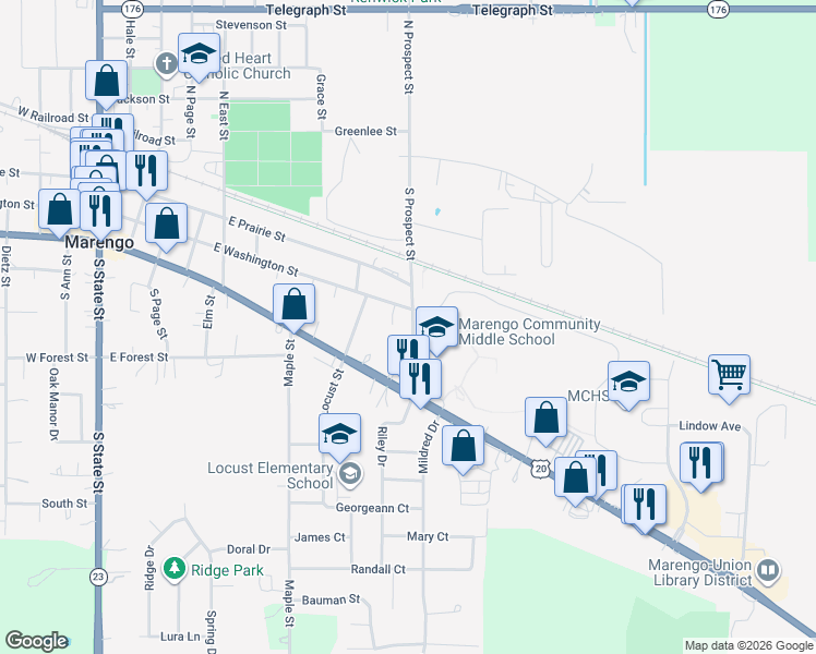 map of restaurants, bars, coffee shops, grocery stores, and more near 214 South Prospect Street in Marengo
