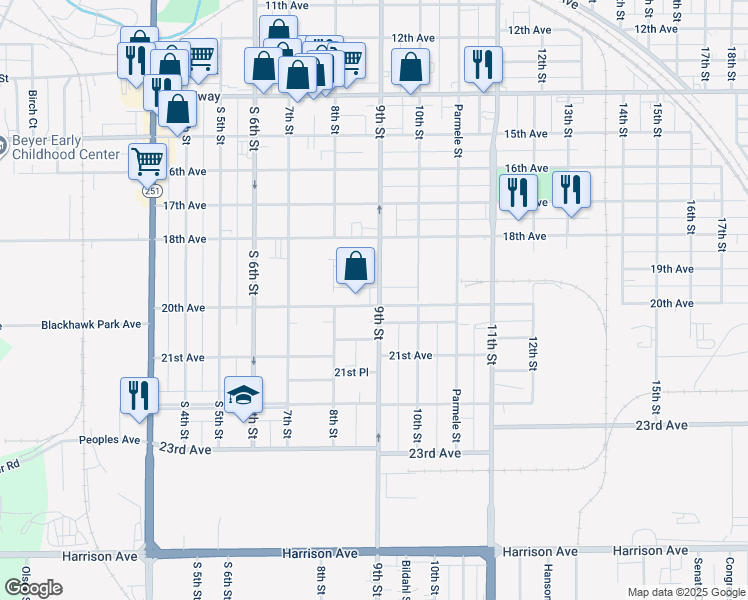 map of restaurants, bars, coffee shops, grocery stores, and more near 2031 9th Street in Rockford