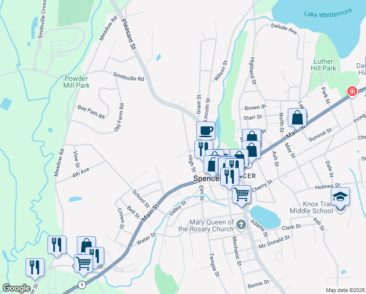 map of restaurants, bars, coffee shops, grocery stores, and more near 29 High Street in Spencer
