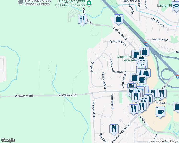 map of restaurants, bars, coffee shops, grocery stores, and more near 2796 Mystic Drive in Ann Arbor