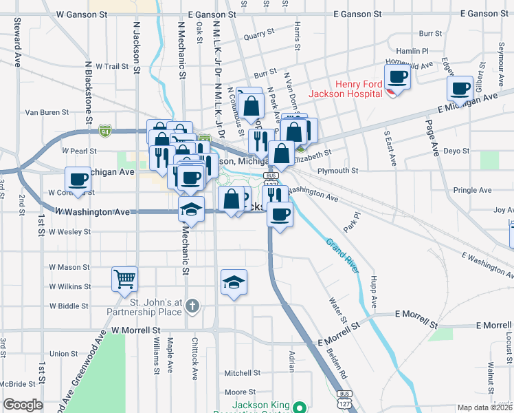 map of restaurants, bars, coffee shops, grocery stores, and more near Oxford Boulevard in Jackson County