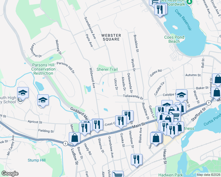 map of restaurants, bars, coffee shops, grocery stores, and more near 17 Oakleaf Circle in Worcester