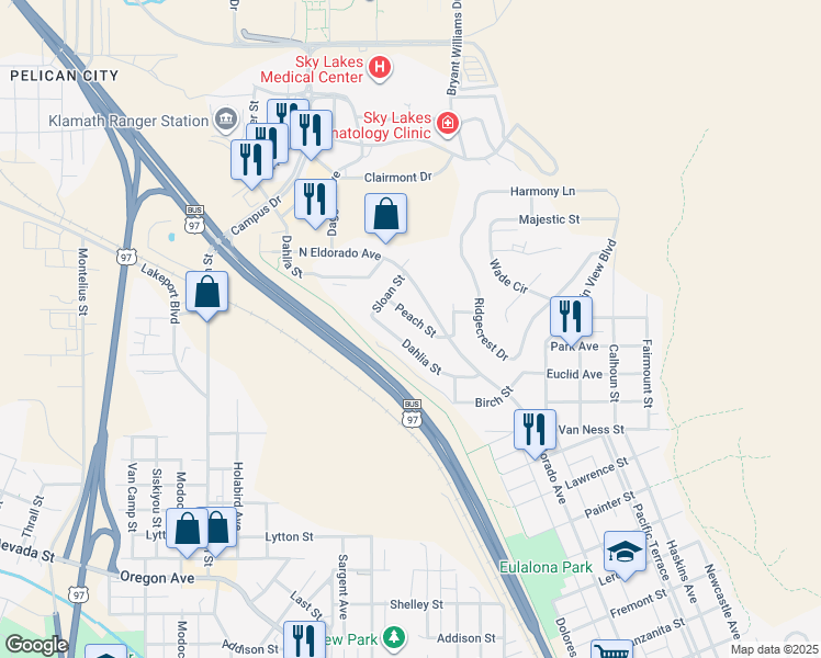 map of restaurants, bars, coffee shops, grocery stores, and more near 176 Peach St in Klamath Falls