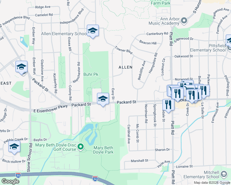 map of restaurants, bars, coffee shops, grocery stores, and more near 2857 Packard Street in Ann Arbor