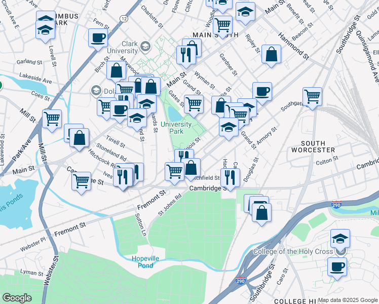 map of restaurants, bars, coffee shops, grocery stores, and more near 63 Illinois Street in Worcester