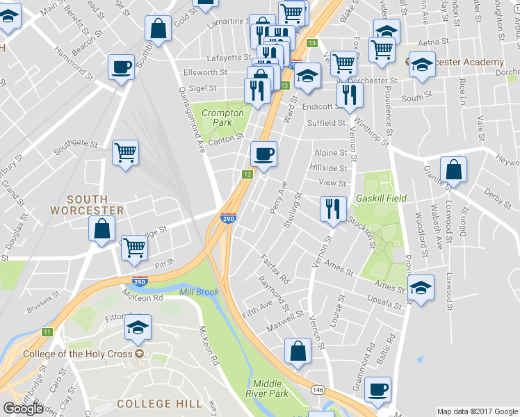 map of restaurants, bars, coffee shops, grocery stores, and more near 24 Harlem Street in Worcester