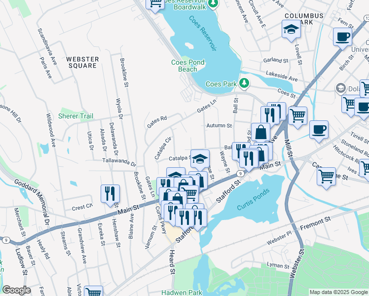 map of restaurants, bars, coffee shops, grocery stores, and more near 52 Baker Street in Worcester