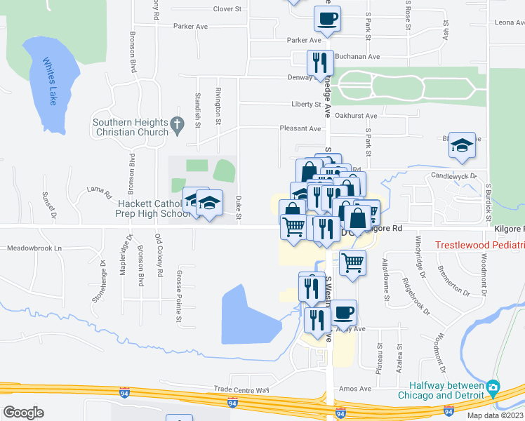 map of restaurants, bars, coffee shops, grocery stores, and more near 734 West Kilgore Road in Portage