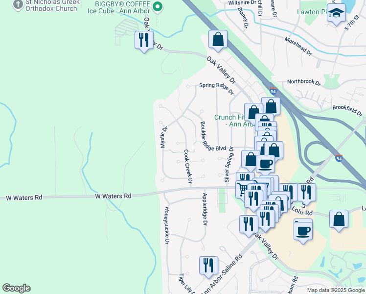 map of restaurants, bars, coffee shops, grocery stores, and more near 2357 Marquis Court in Ann Arbor