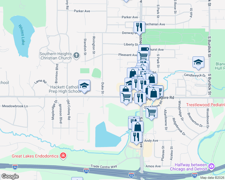 map of restaurants, bars, coffee shops, grocery stores, and more near 734 West Kilgore Road in Portage
