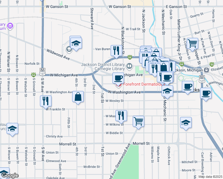 map of restaurants, bars, coffee shops, grocery stores, and more near 330 West Washington Avenue in Jackson