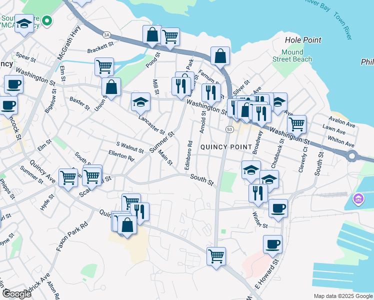 map of restaurants, bars, coffee shops, grocery stores, and more near 46 Edinboro Road in Quincy