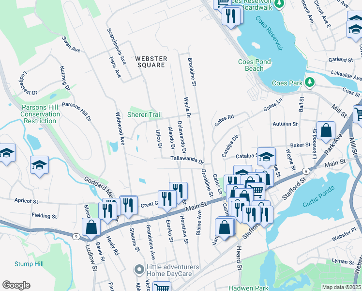 map of restaurants, bars, coffee shops, grocery stores, and more near 13 Delawanda Drive in Worcester