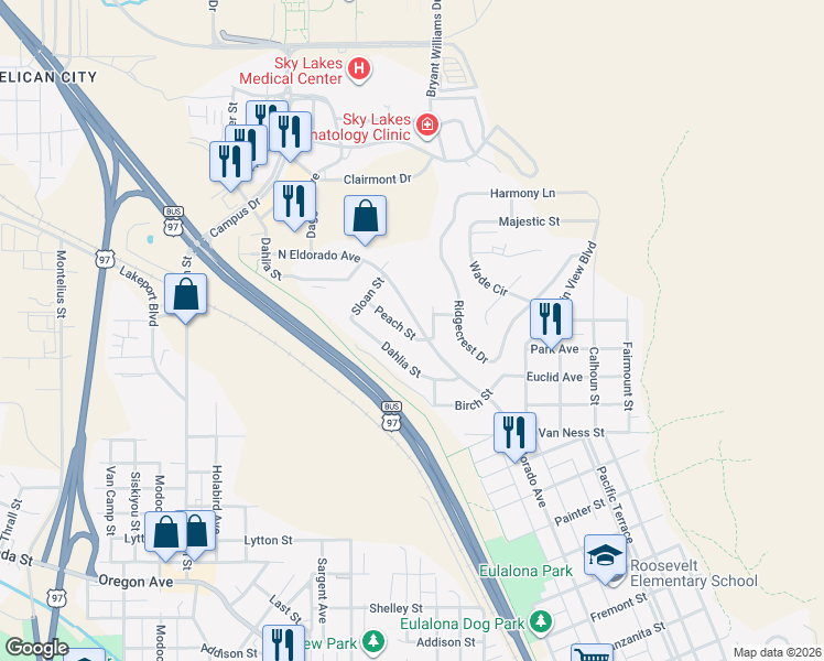 map of restaurants, bars, coffee shops, grocery stores, and more near 176 Peach Street in Klamath Falls