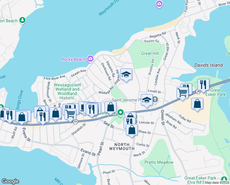 map of restaurants, bars, coffee shops, grocery stores, and more near in Weymouth