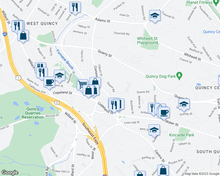map of restaurants, bars, coffee shops, grocery stores, and more near 216 Common Street in Quincy