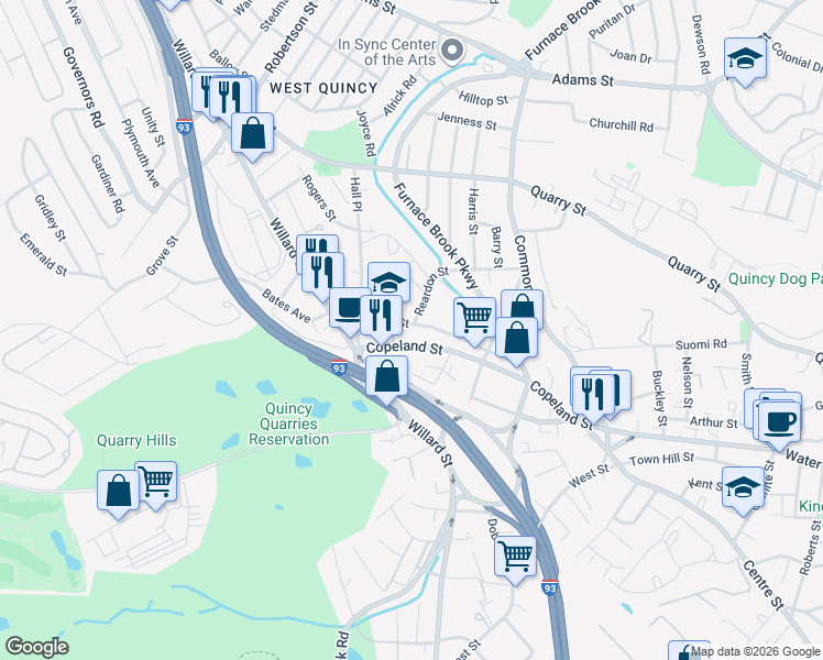 map of restaurants, bars, coffee shops, grocery stores, and more near 112 Crescent Street in Quincy