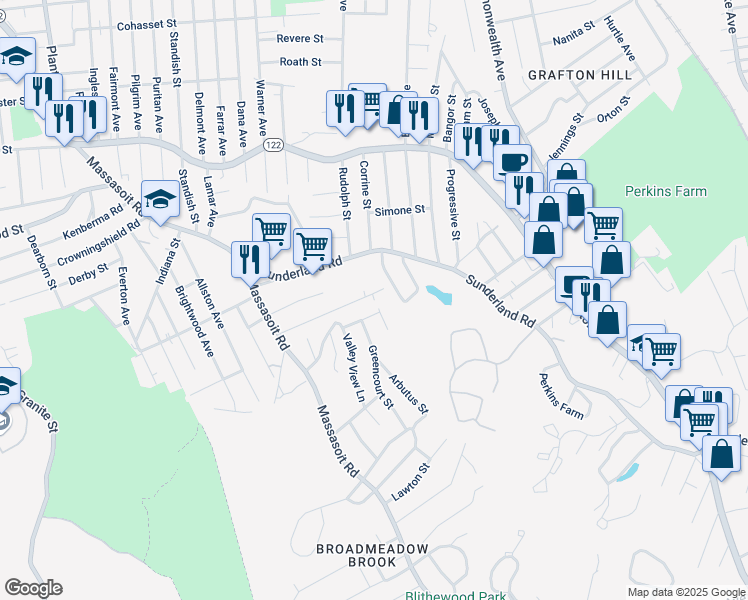 map of restaurants, bars, coffee shops, grocery stores, and more near 28 Benson Street in Worcester