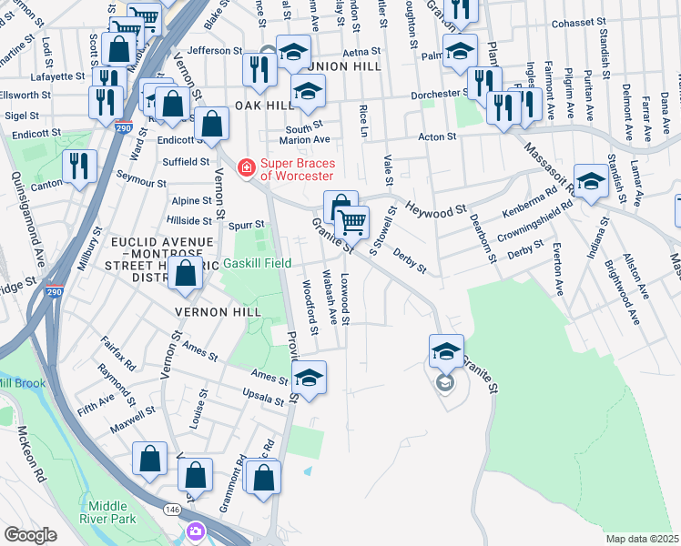 map of restaurants, bars, coffee shops, grocery stores, and more near in Worcester