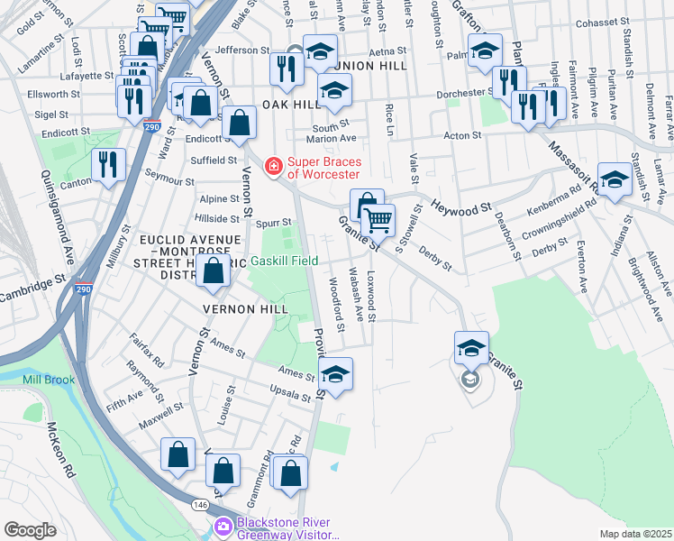 map of restaurants, bars, coffee shops, grocery stores, and more near 17 Wabash Avenue in Worcester
