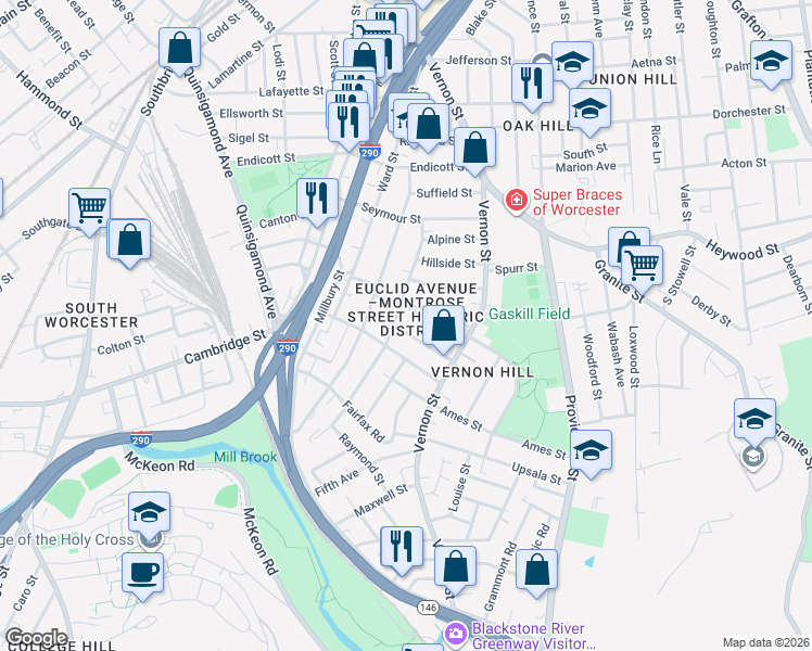 map of restaurants, bars, coffee shops, grocery stores, and more near 17 Euclid Avenue in Worcester