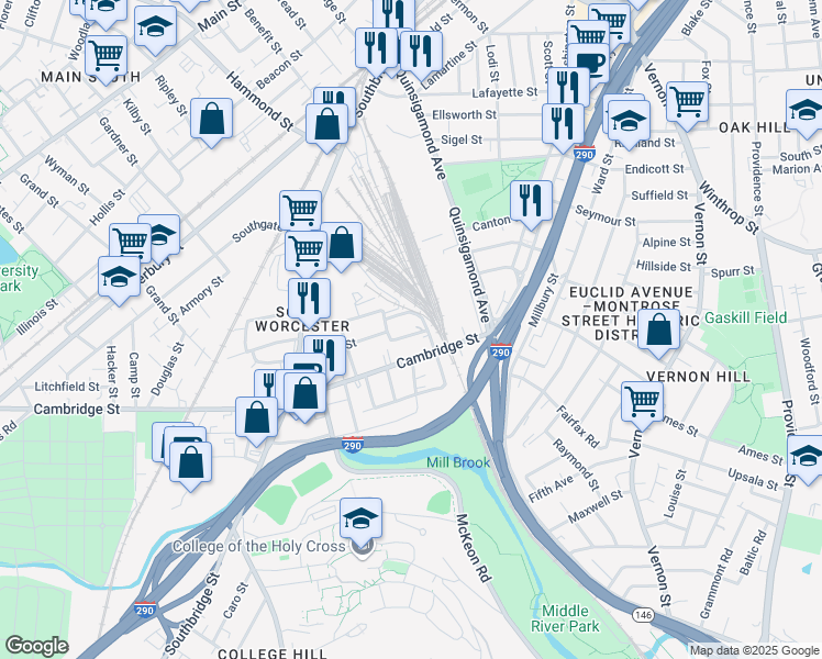 map of restaurants, bars, coffee shops, grocery stores, and more near 11 Riley Street in Worcester