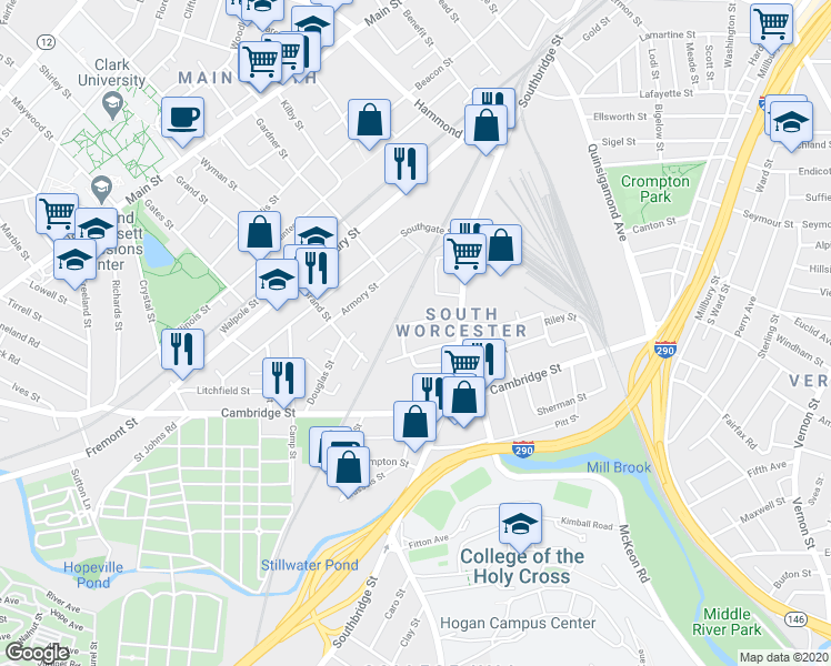 map of restaurants, bars, coffee shops, grocery stores, and more near 36 Lewis Street in Worcester
