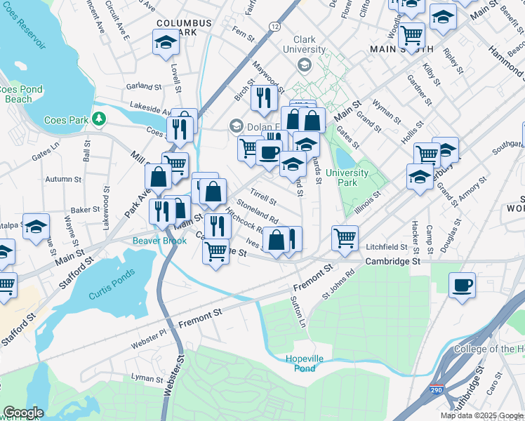 map of restaurants, bars, coffee shops, grocery stores, and more near 13 Stoneland Road in Worcester
