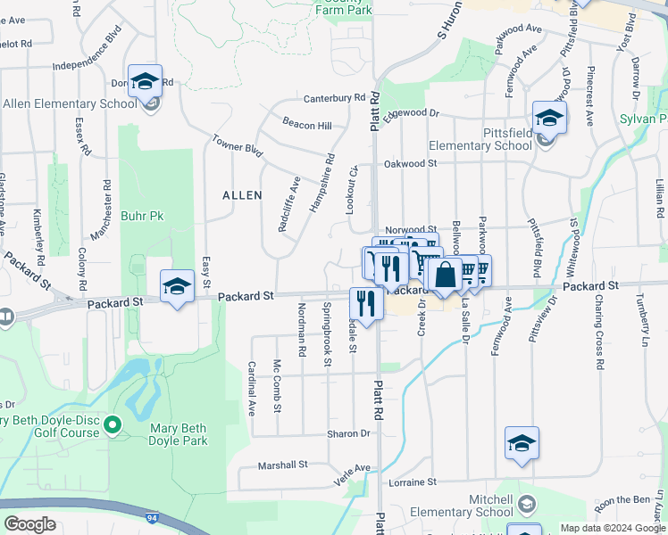 map of restaurants, bars, coffee shops, grocery stores, and more near 2949 Cascade Drive in Ann Arbor