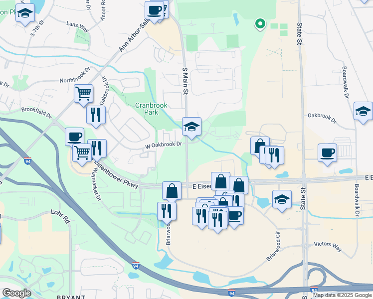 map of restaurants, bars, coffee shops, grocery stores, and more near 101 Oakbrook Drive in Ann Arbor
