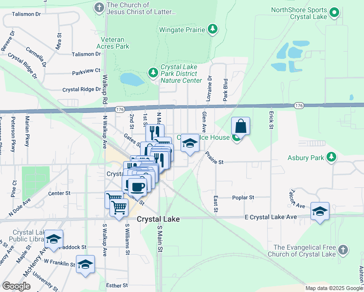 map of restaurants, bars, coffee shops, grocery stores, and more near 178 Prairie Street in Crystal Lake
