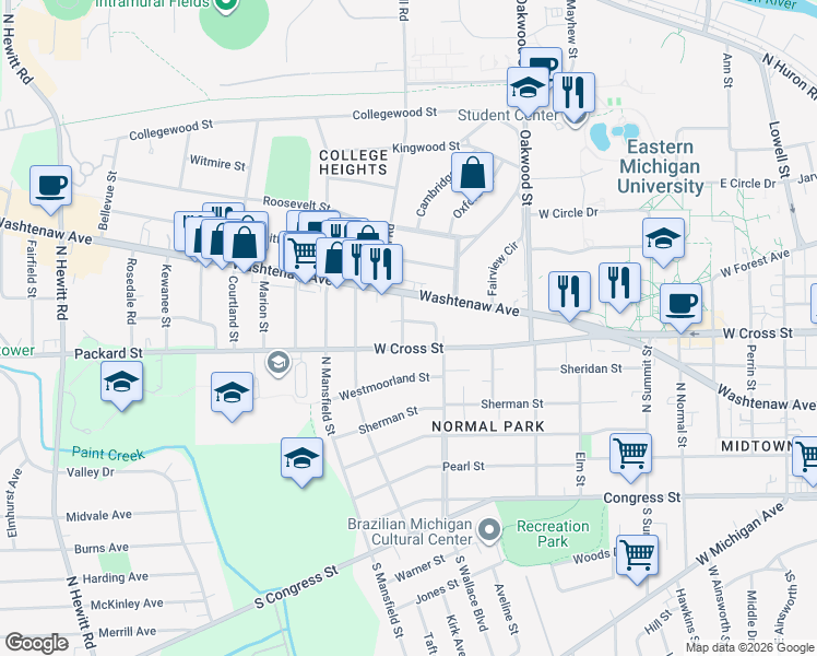 map of restaurants, bars, coffee shops, grocery stores, and more near 1245 Elbridge Street in Ypsilanti