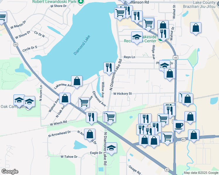 map of restaurants, bars, coffee shops, grocery stores, and more near 26362 North Diamond Lake Road in Mundelein