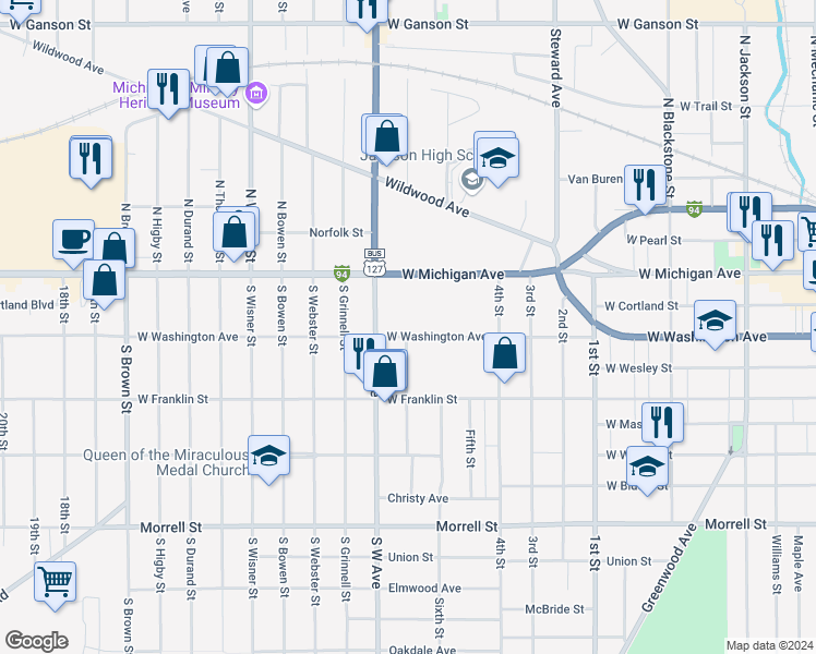 map of restaurants, bars, coffee shops, grocery stores, and more near 758 West Washington Avenue in Jackson