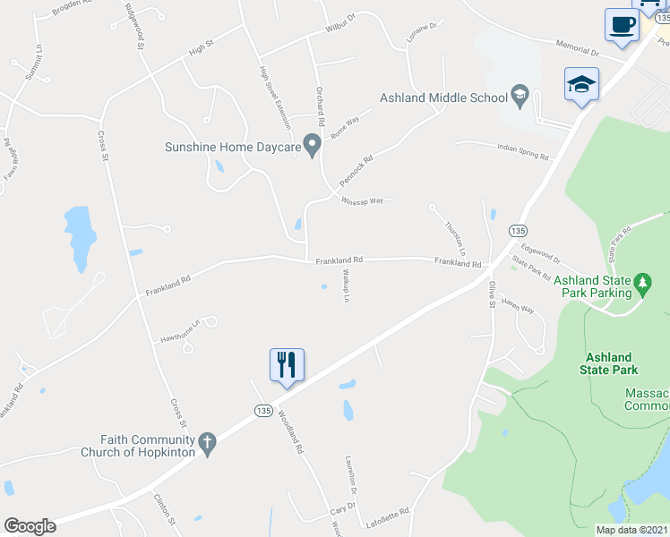 map of restaurants, bars, coffee shops, grocery stores, and more near 82 Frankland Road in Ashland