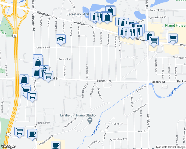 map of restaurants, bars, coffee shops, grocery stores, and more near 2860 Hawks Avenue in Ann Arbor