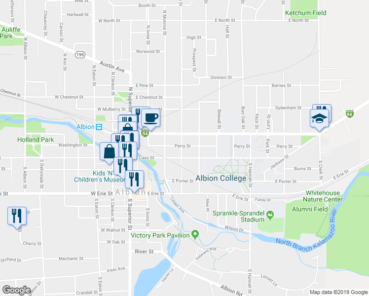 map of restaurants, bars, coffee shops, grocery stores, and more near 112 North Berrien Street in Albion