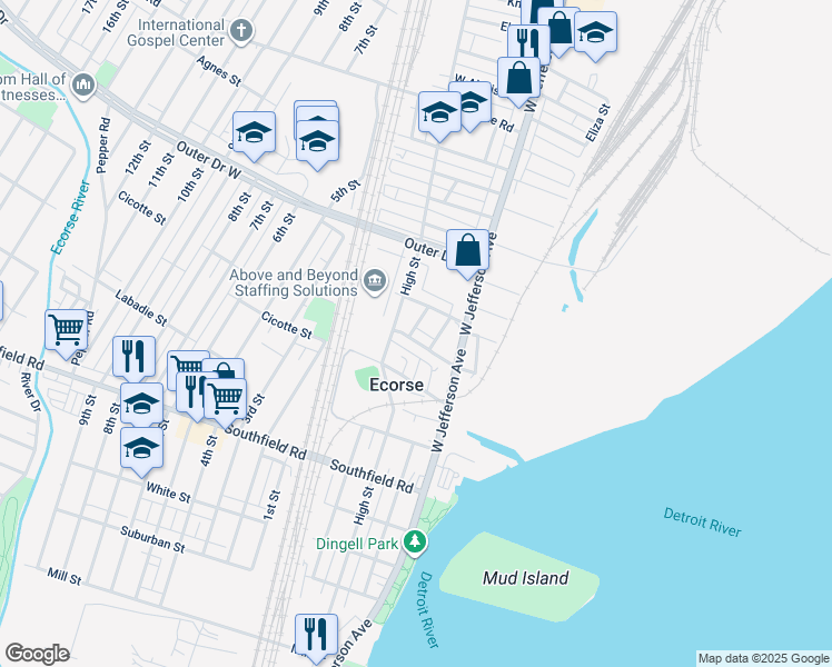 map of restaurants, bars, coffee shops, grocery stores, and more near 4277 Pitt Street in Ecorse