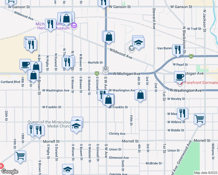 map of restaurants, bars, coffee shops, grocery stores, and more near 209 South West Avenue in Jackson