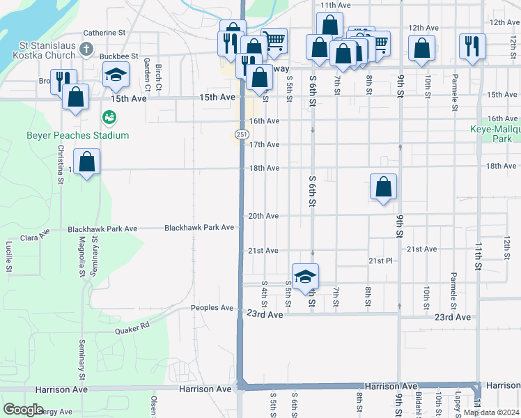 map of restaurants, bars, coffee shops, grocery stores, and more near 2025 South 4th Street in Rockford