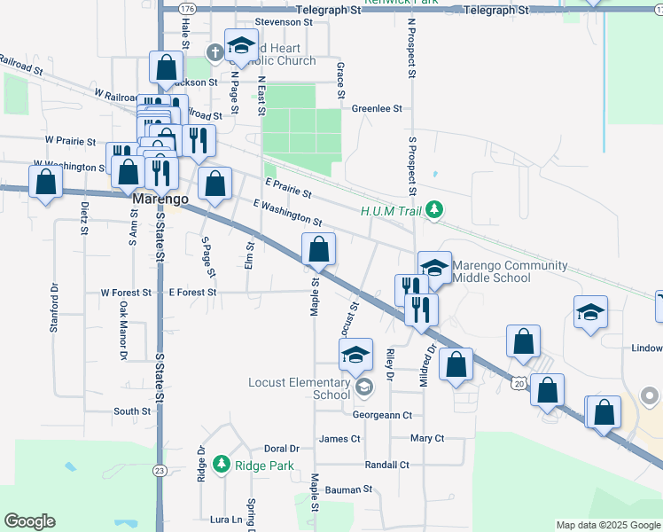 map of restaurants, bars, coffee shops, grocery stores, and more near 610 East Grant Highway in Marengo