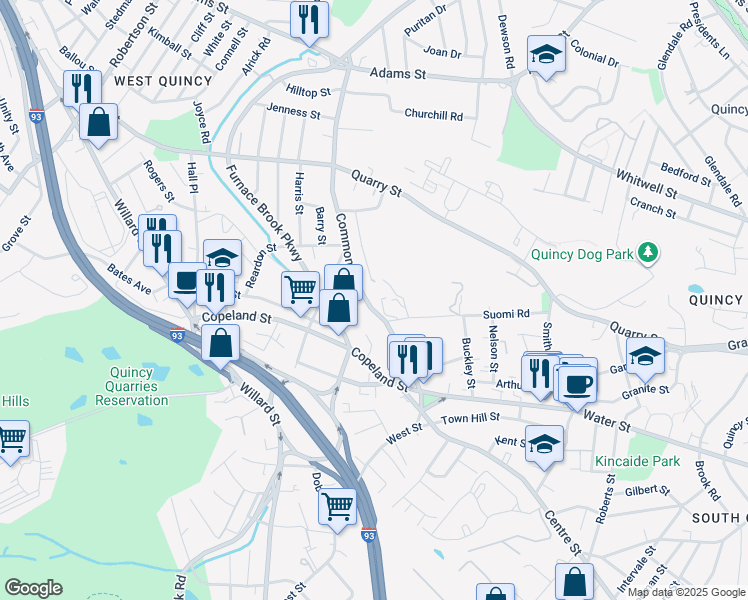map of restaurants, bars, coffee shops, grocery stores, and more near 216 Common Street in Quincy