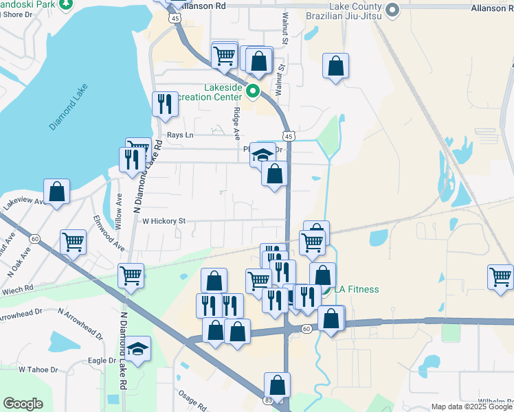 map of restaurants, bars, coffee shops, grocery stores, and more near 590 Jeniffer Circle in Mundelein